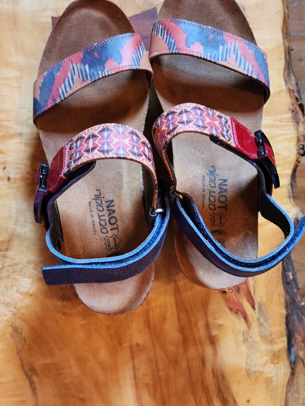 NAOT Platform Wedge Sandals, Blue-Red-Beige, Velcro Closure, size 9 - Picture 2 of 4